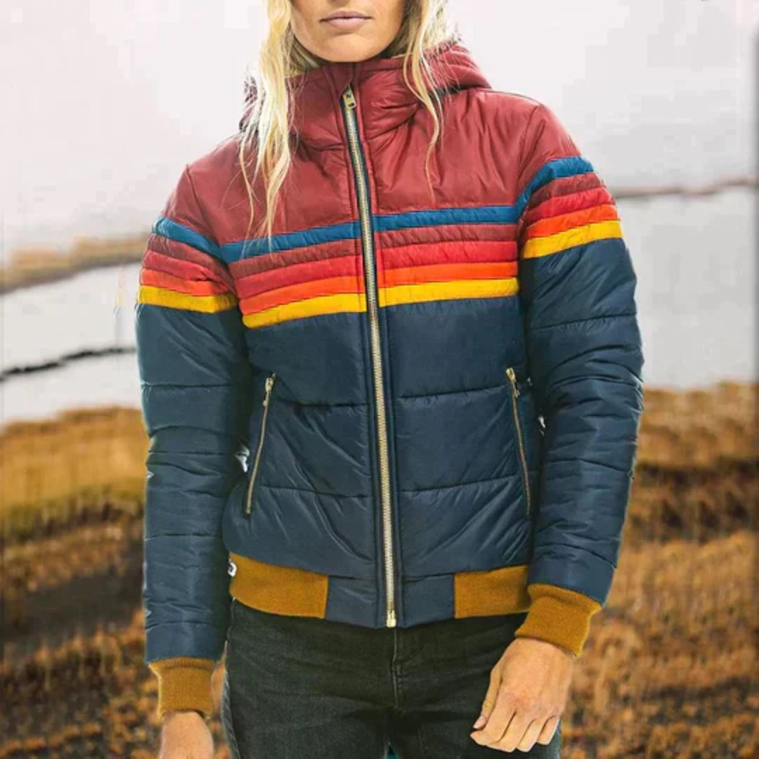 Women’s Color-Block Puffer Jacket – Insulated Winter High-Collar Coat