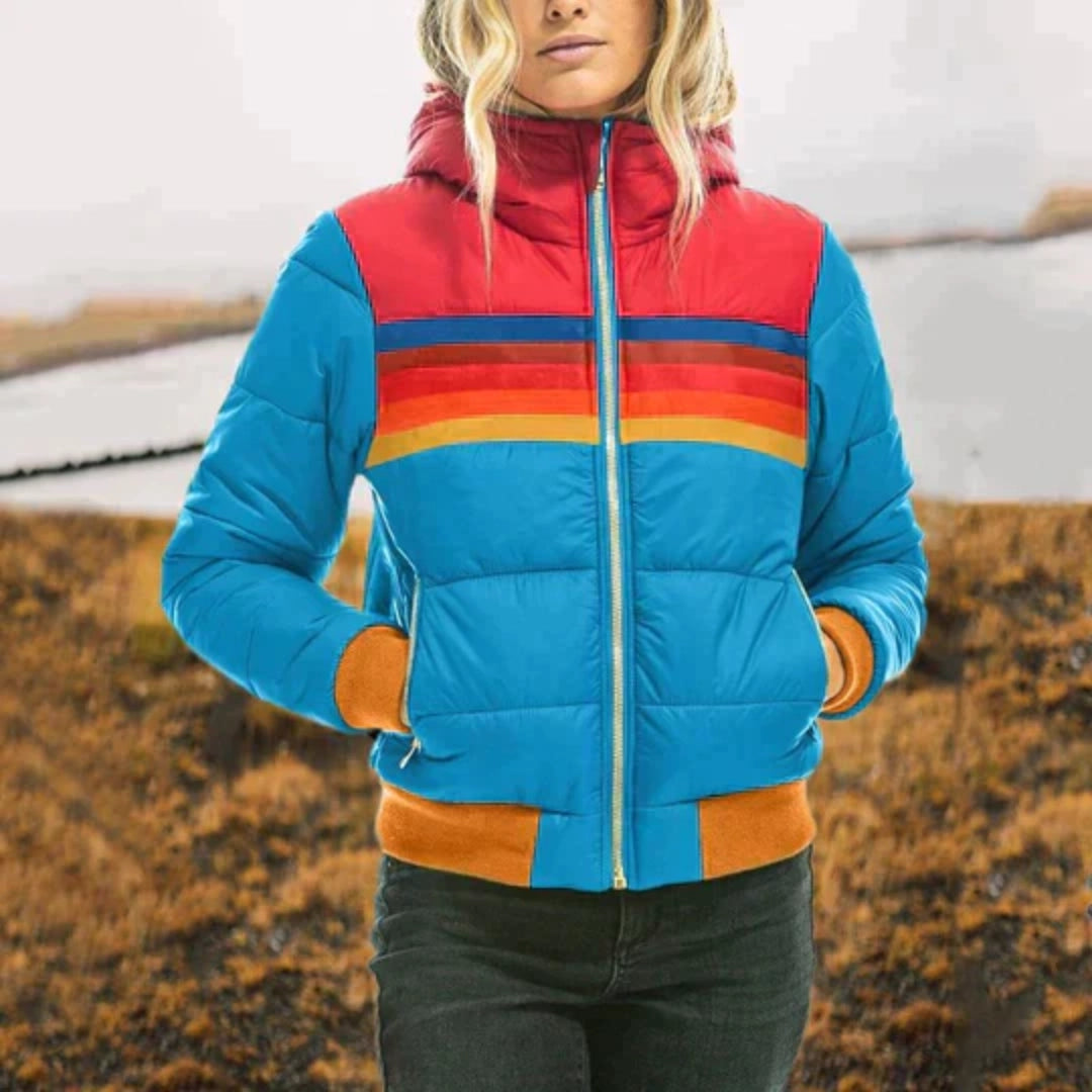 Women’s Color-Block Puffer Jacket – Insulated Winter High-Collar Coat