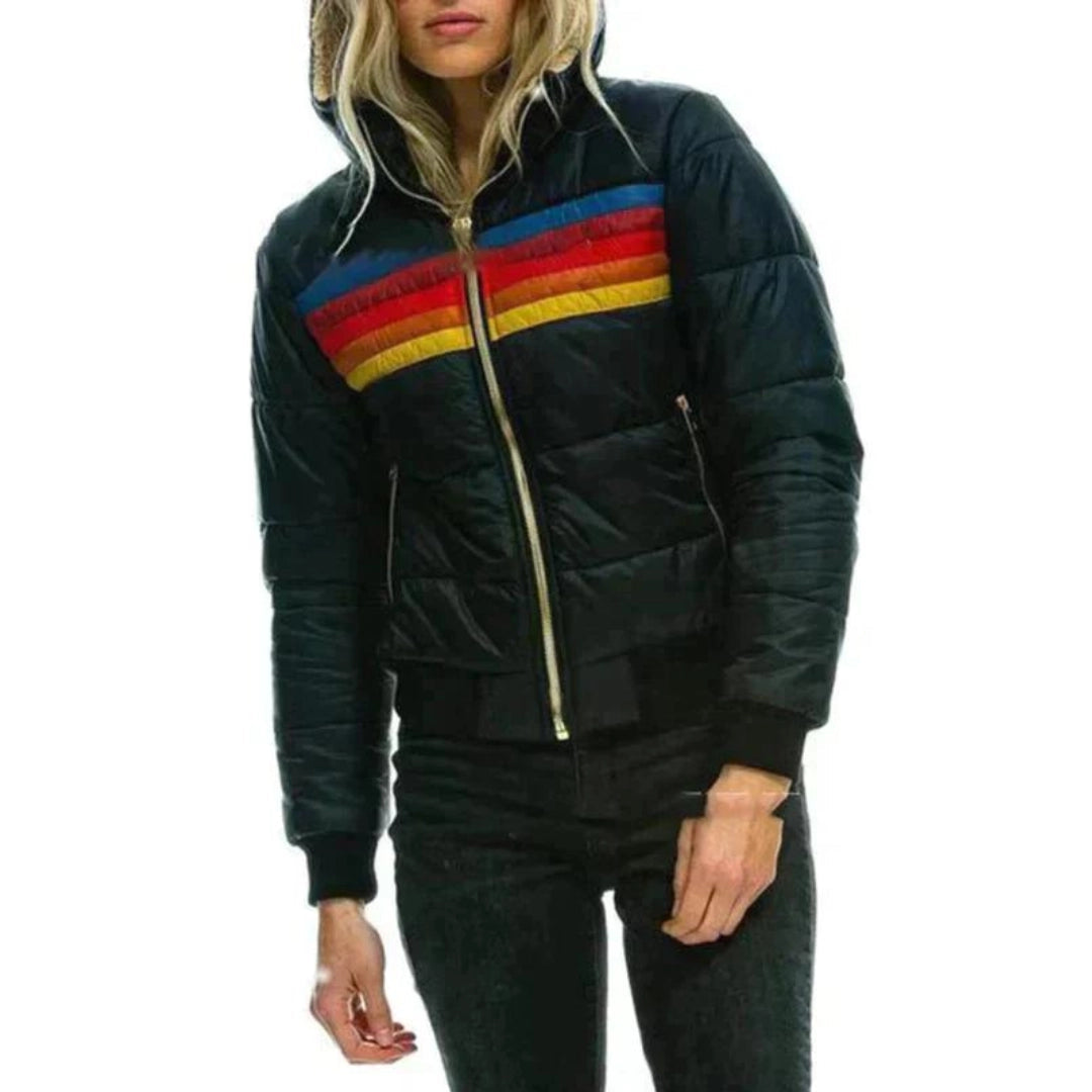 Women’s Color-Block Puffer Jacket – Insulated Winter High-Collar Coat