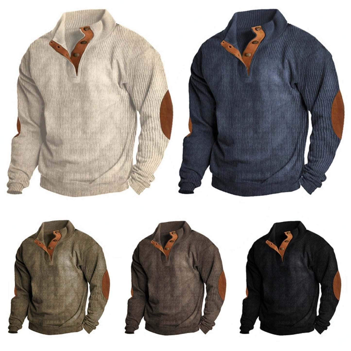 Men’s Ribbed Henley Sweater – Casual Winter Knitwear with Suede Elbow Patches