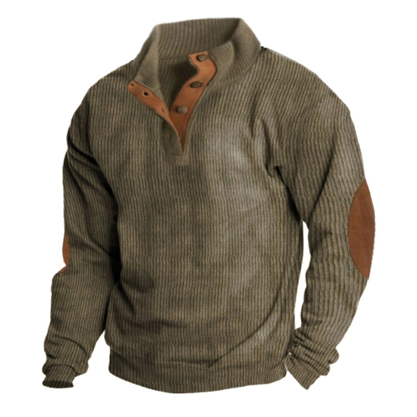 Men’s Ribbed Henley Sweater – Casual Winter Knitwear with Suede Elbow Patches