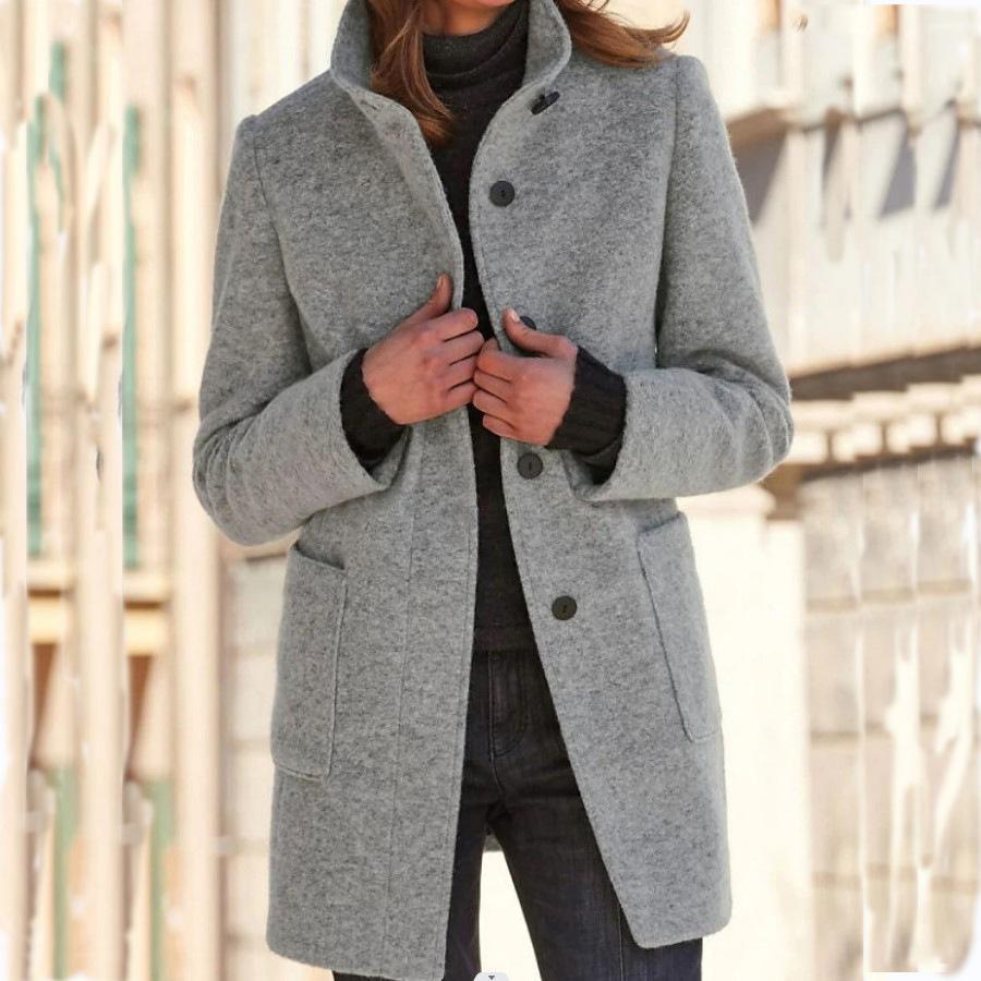 Women’s Classic Wool Coat – Retro Button Closure Winter Outerwear