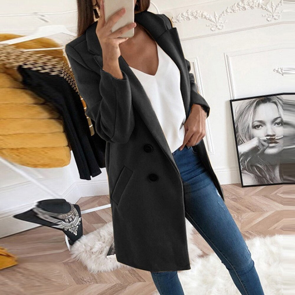Women’s Coat – Button Closure Long Sleeve Jacket with Pockets