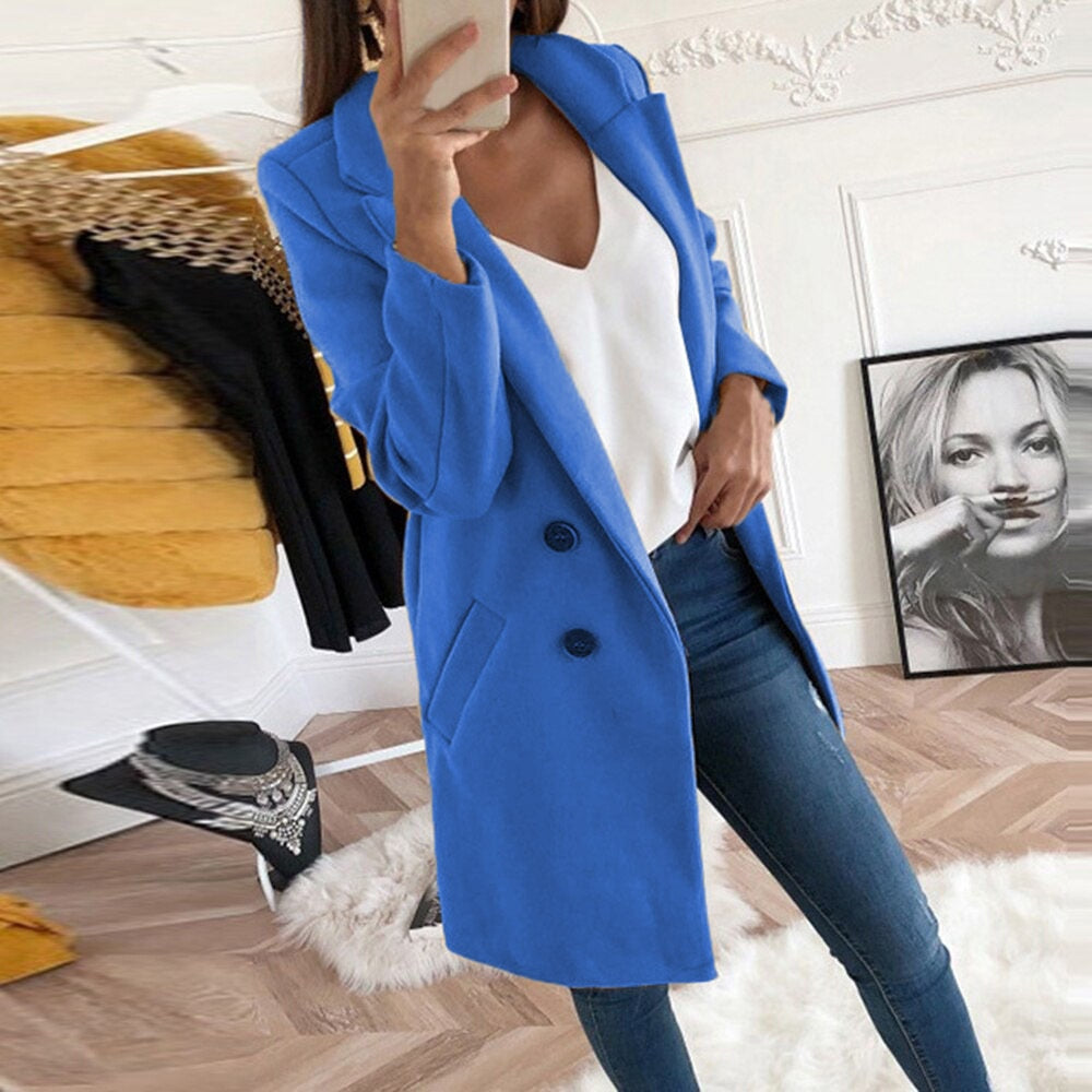 Women’s Coat – Button Closure Long Sleeve Jacket with Pockets