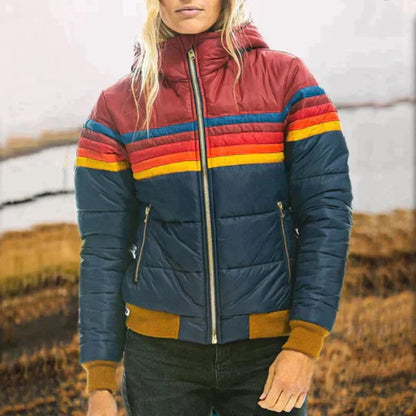 Women’s Color-Block Puffer Jacket – Insulated Winter High-Collar Coat