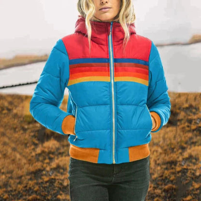 Women’s Color-Block Puffer Jacket – Insulated Winter High-Collar Coat