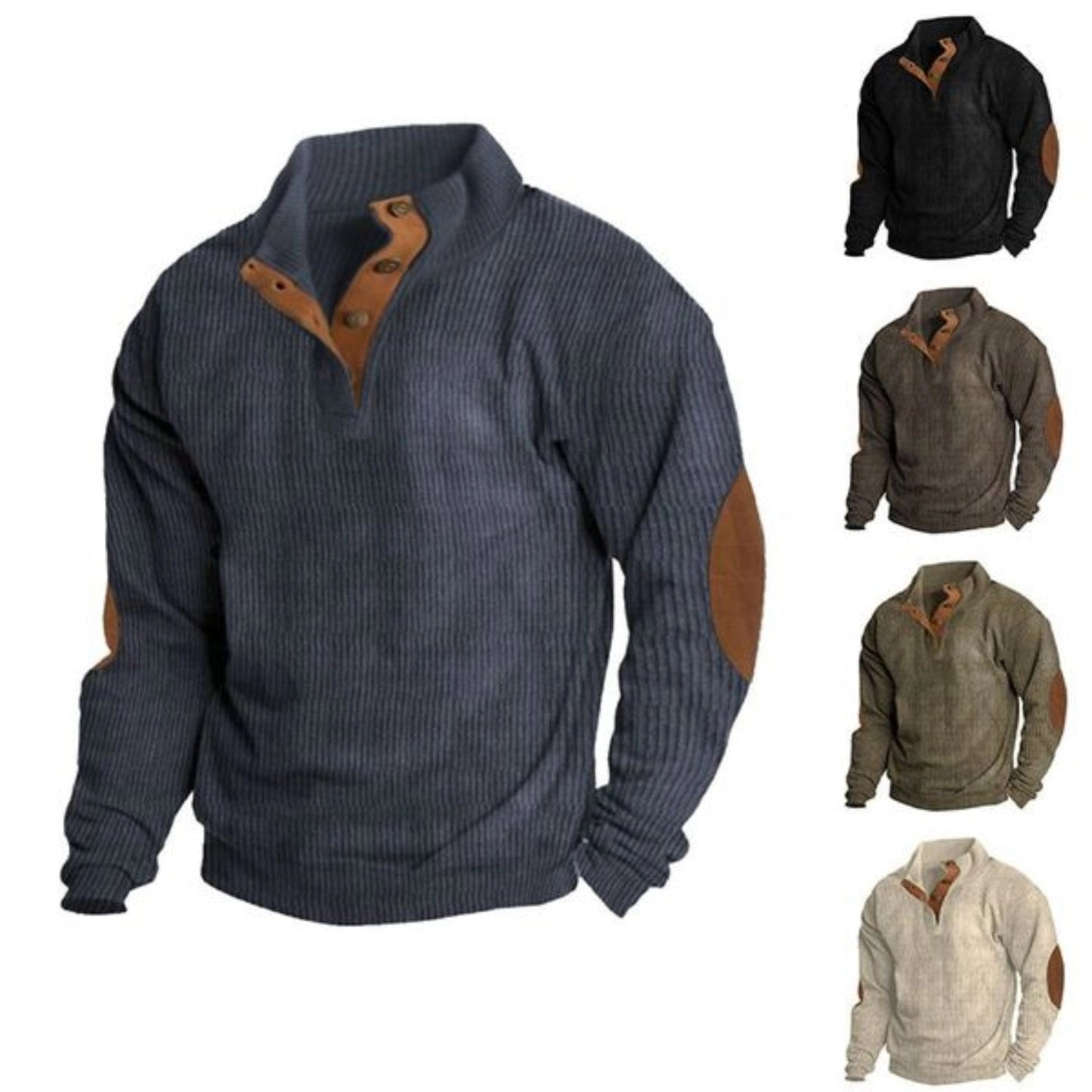 Men’s Ribbed Henley Sweater – Casual Winter Knitwear with Suede Elbow Patches