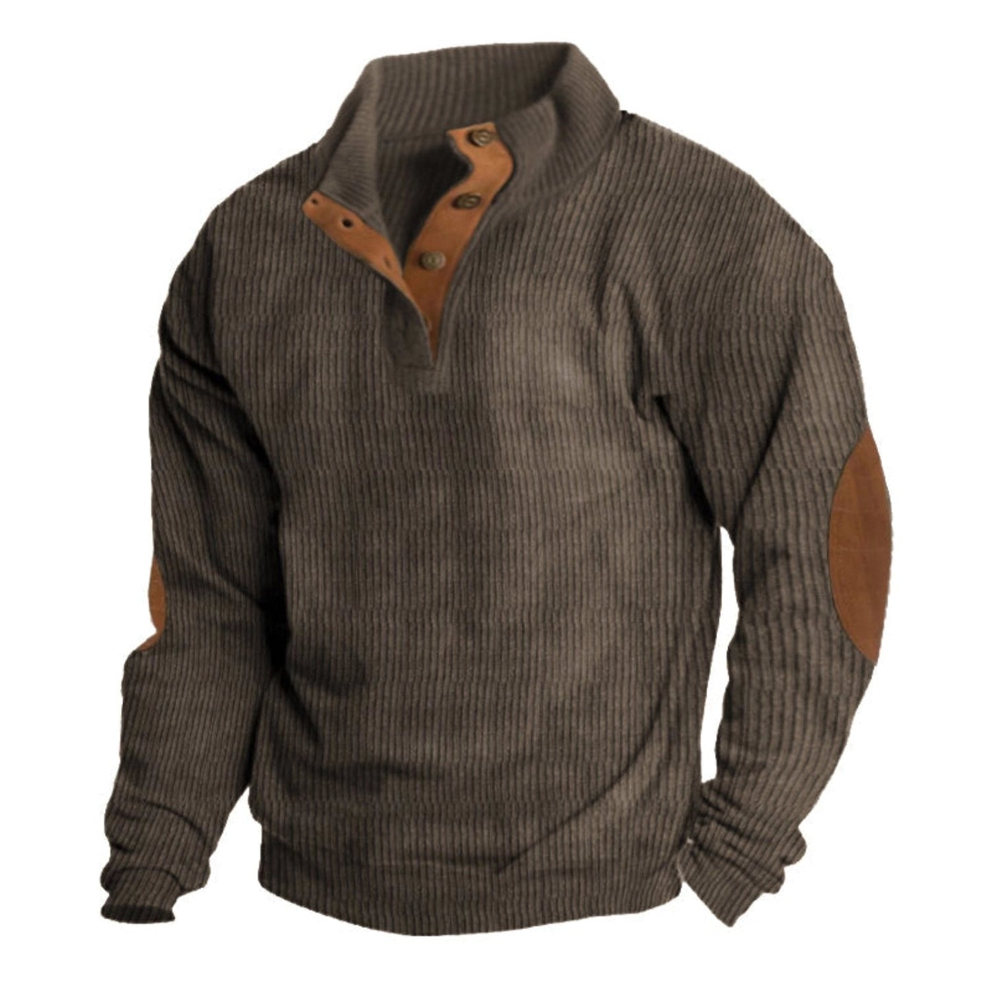 Men’s Ribbed Henley Sweater – Casual Winter Knitwear with Suede Elbow Patches