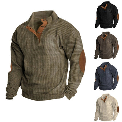 Men’s Ribbed Henley Sweater – Casual Winter Knitwear with Suede Elbow Patches