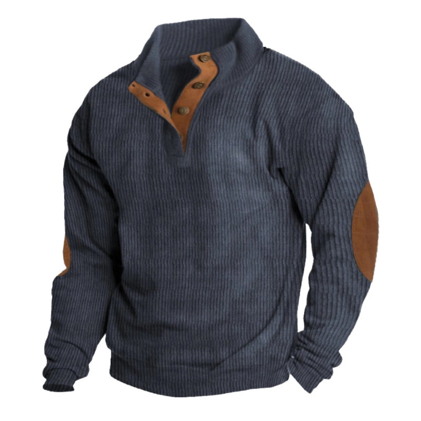 Men’s Ribbed Henley Sweater – Casual Winter Knitwear with Suede Elbow Patches