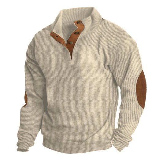 Men’s Ribbed Henley Sweater – Casual Winter Knitwear with Suede Elbow Patches