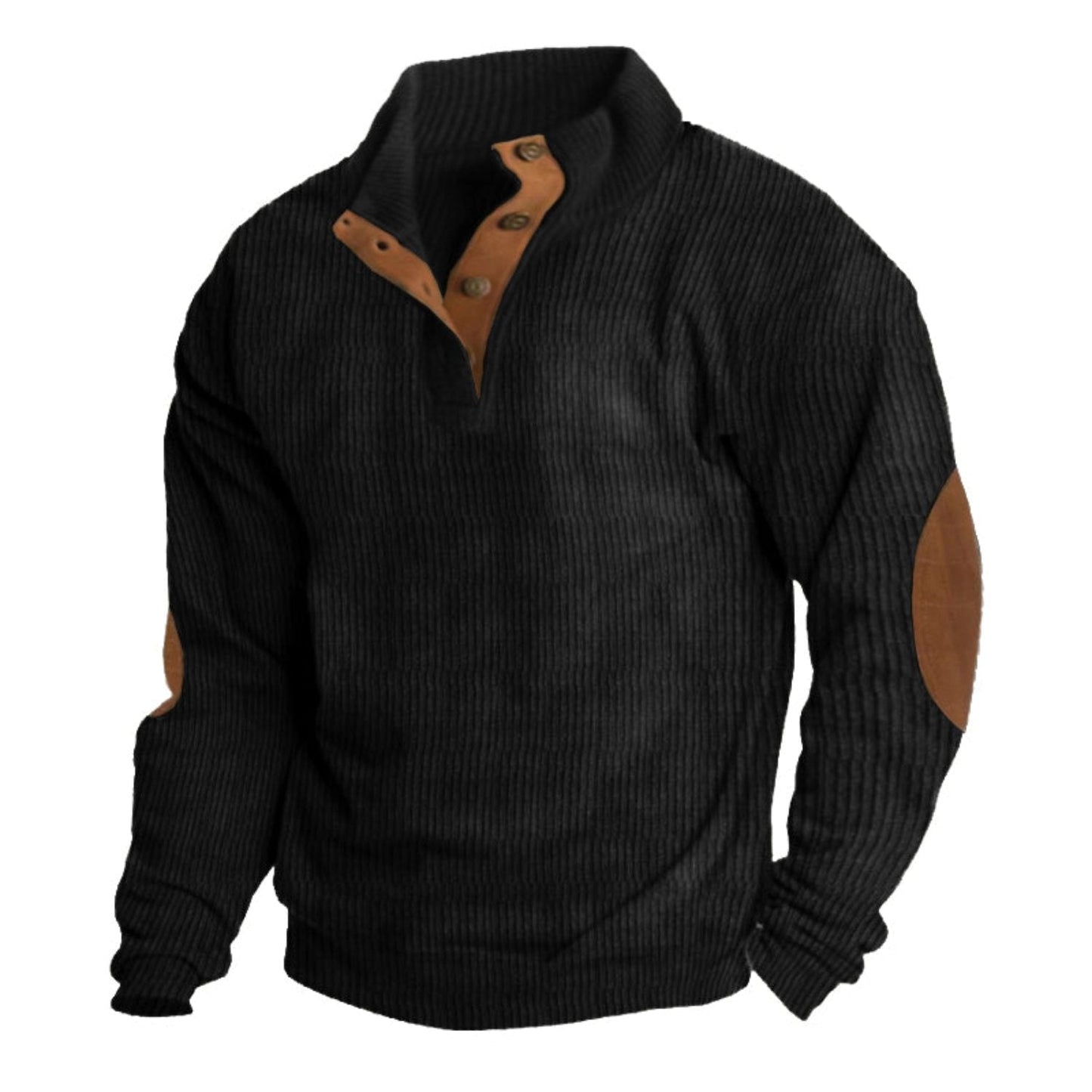 Men’s Ribbed Henley Sweater – Casual Winter Knitwear with Suede Elbow Patches