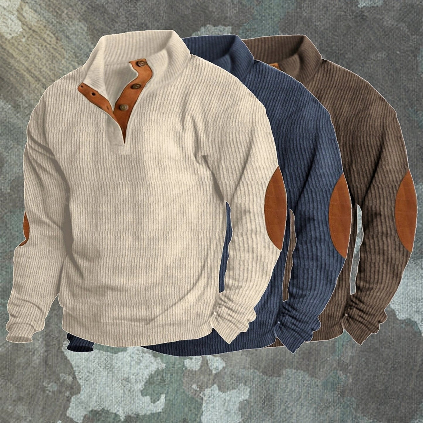 Men’s Ribbed Henley Sweater – Casual Winter Knitwear with Suede Elbow Patches