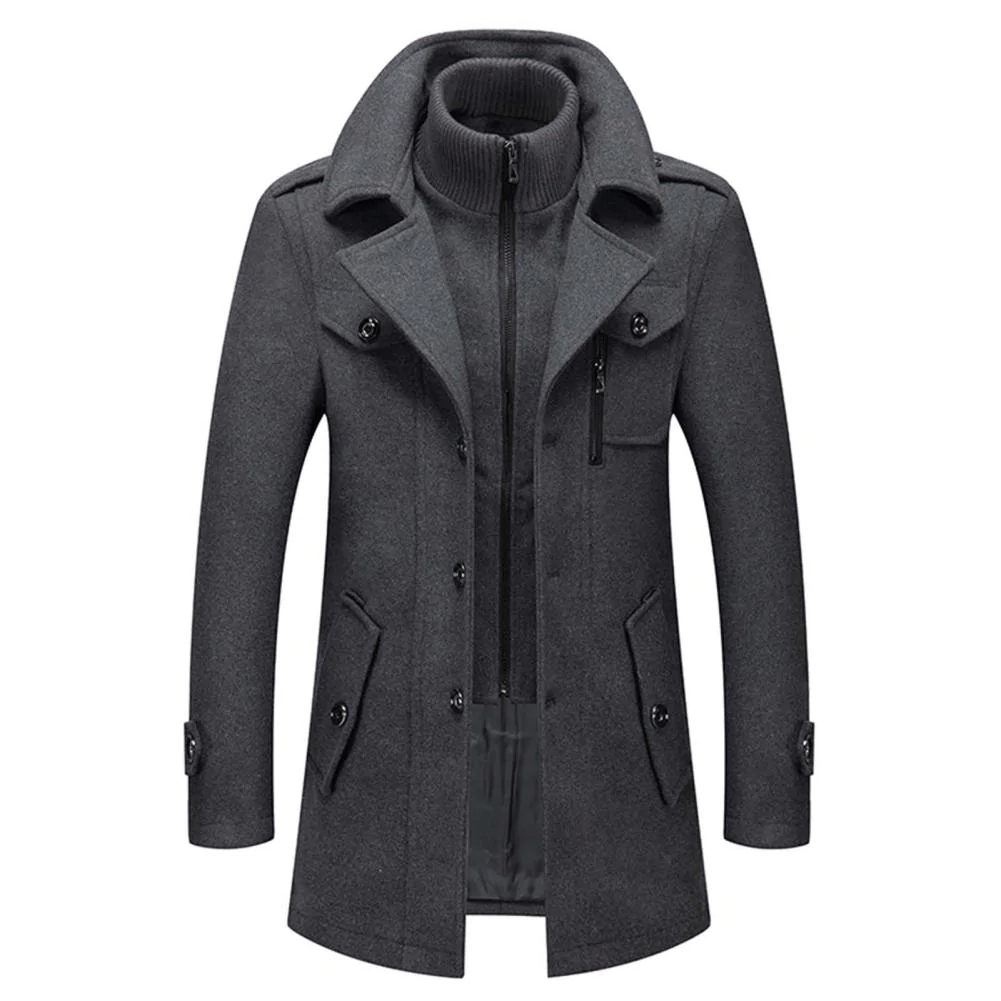 Men’s Two-Piece Winter Coat – Wool Blend Outerwear with Zip & Button Closure