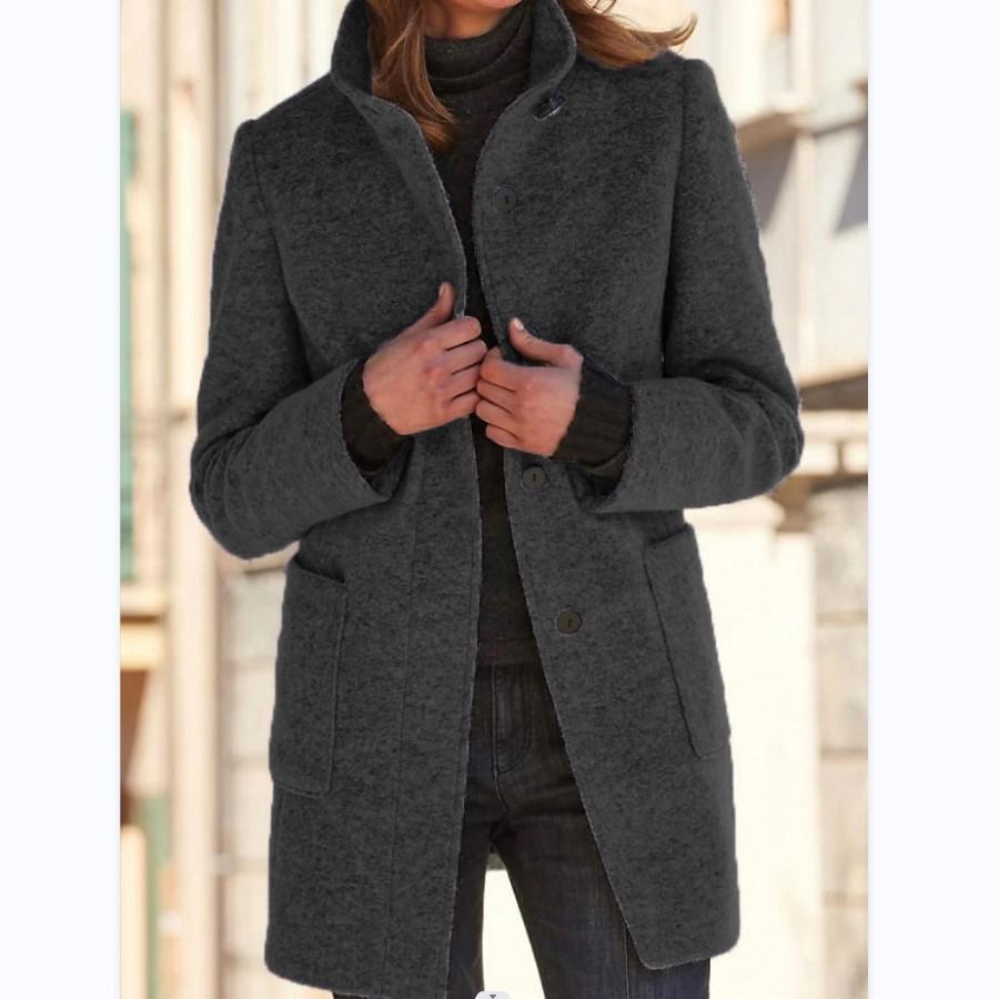 Women’s Classic Wool Coat – Retro Button Closure Winter Outerwear