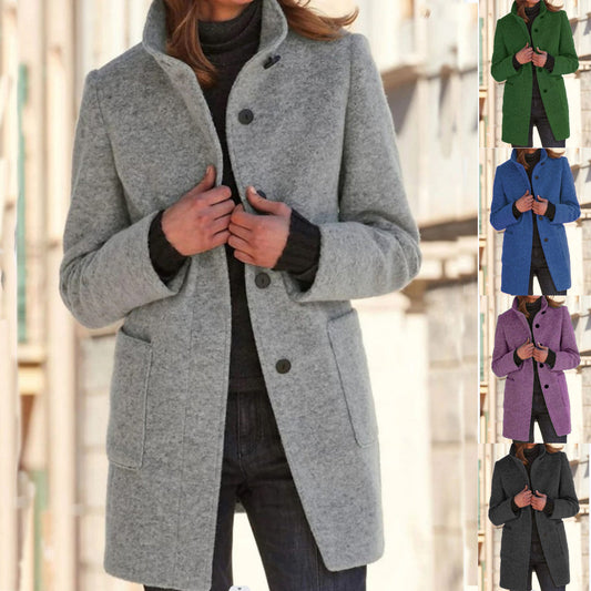 Women’s Classic Wool Coat – Retro Button Closure Winter Outerwear