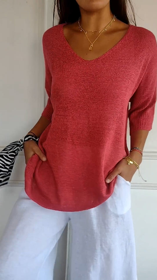 Women’s Loose V-Neck Top – Casual Minimalist Shirt