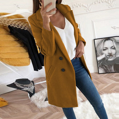 Women’s Coat – Button Closure Long Sleeve Jacket with Pockets