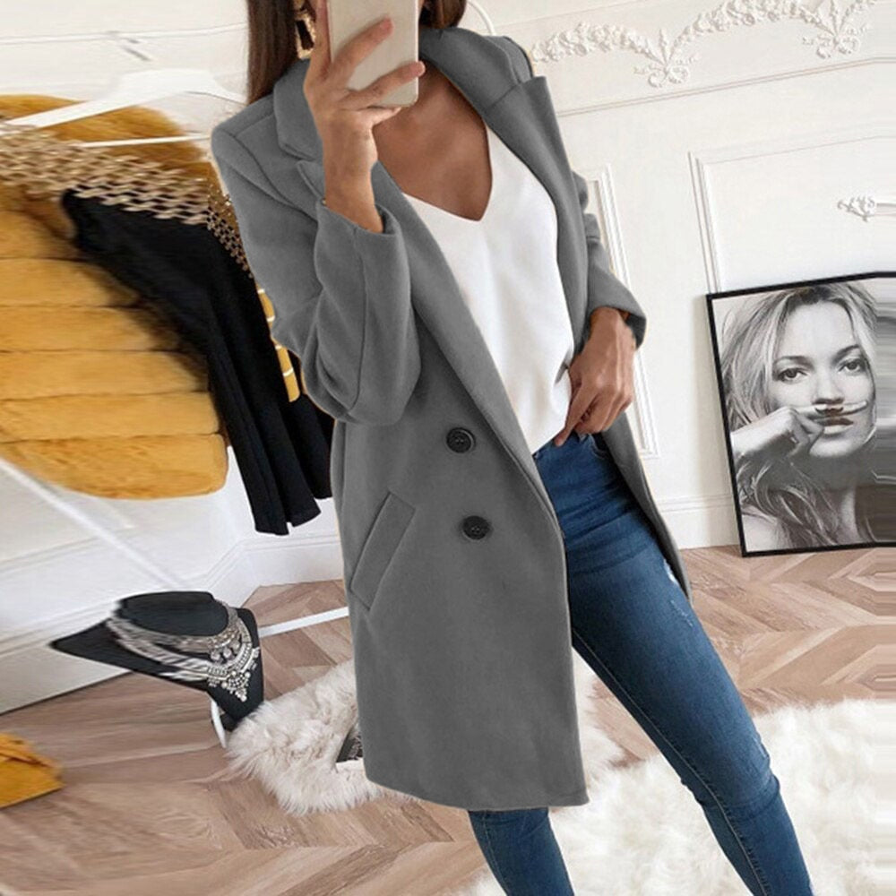 Women’s Coat – Button Closure Long Sleeve Jacket with Pockets