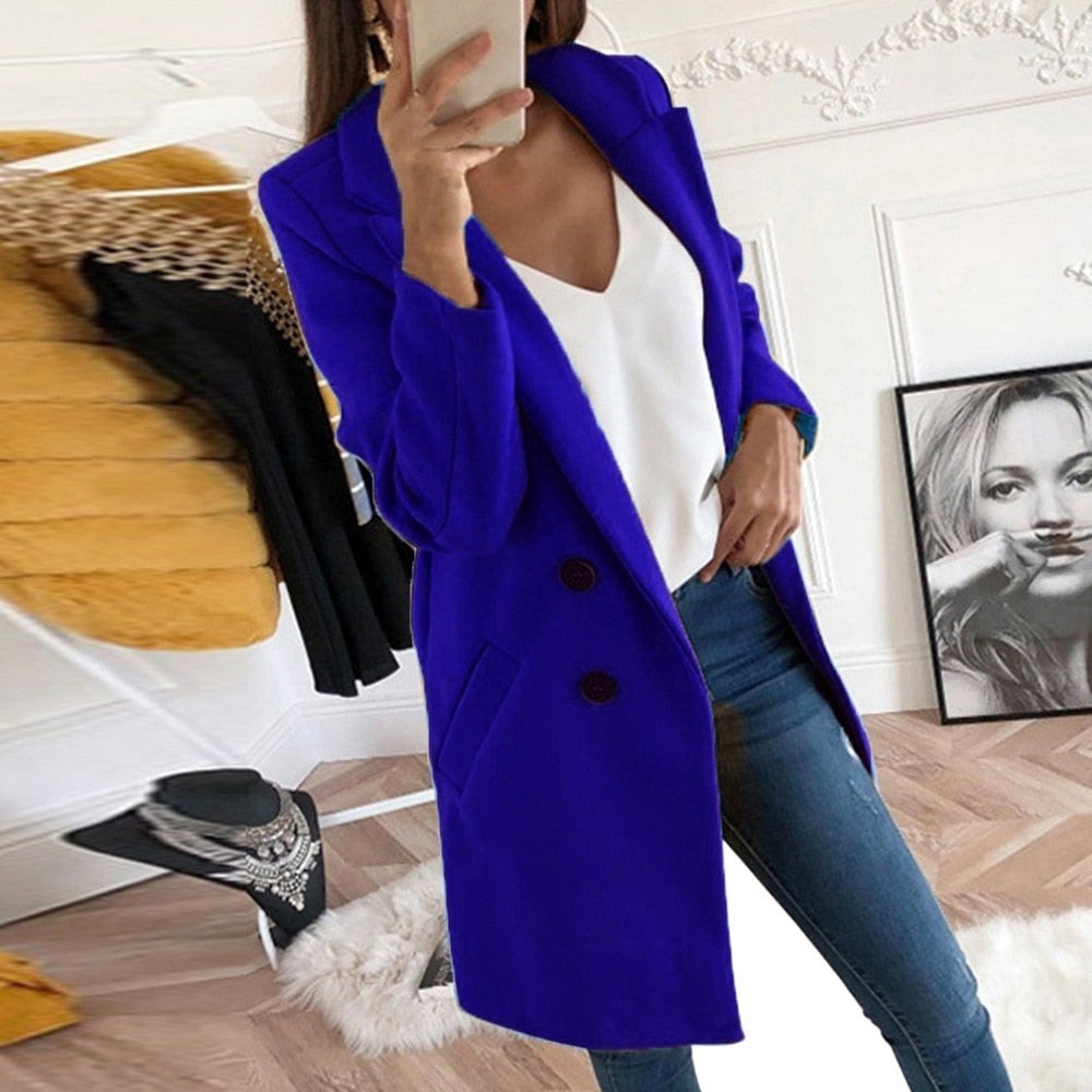 Women’s Coat – Button Closure Long Sleeve Jacket with Pockets