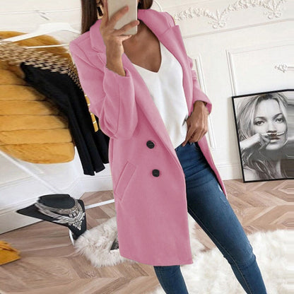 Women’s Coat – Button Closure Long Sleeve Jacket with Pockets
