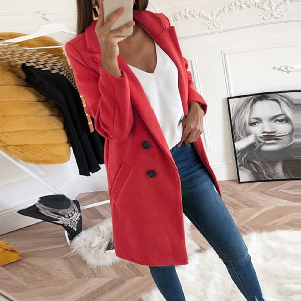 Women’s Coat – Button Closure Long Sleeve Jacket with Pockets
