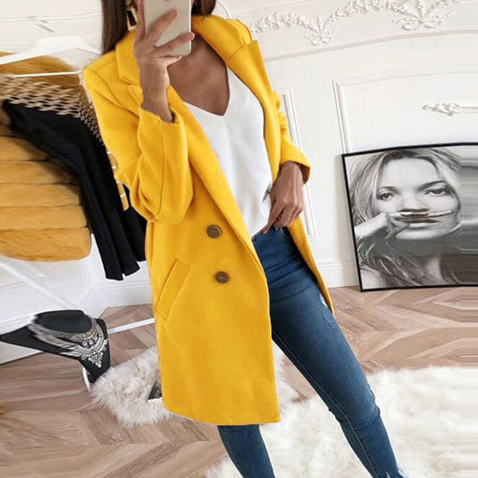 Women’s Coat – Button Closure Long Sleeve Jacket with Pockets